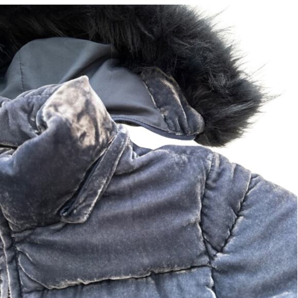 Loft Blue Faux Fur Detachable Hood Crushed Velvet Puffer Quilted Coat Small - Picture 9 of 13